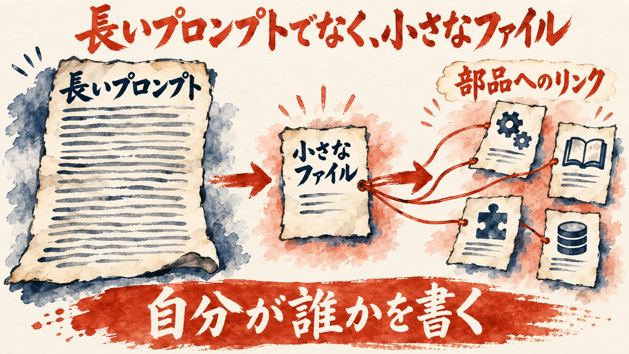 図解。長いプロンプトから、自分が誰かを書いた小さなファイルと部品へのリンクへ移る流れを、水彩画で描いた図