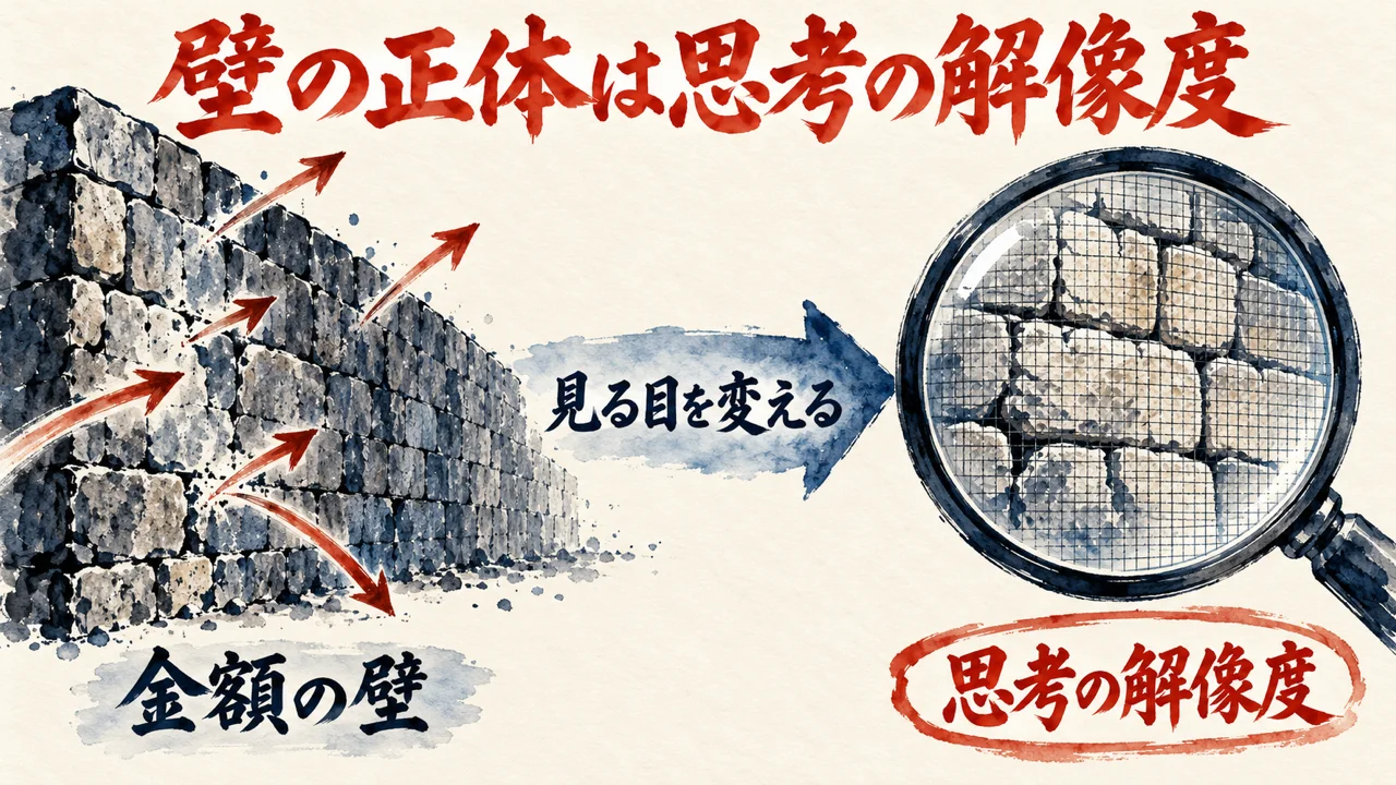 金額の壁と、思考の解像度を映す虫眼鏡を左右に並べ、見る目を変えることを矢印で示した図解