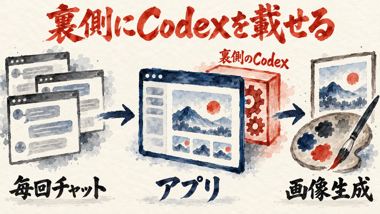 何枚ものチャット画面の代わりに、一つのアプリの裏側に載せたCodexから画像生成を呼ぶ流れを描いた図解