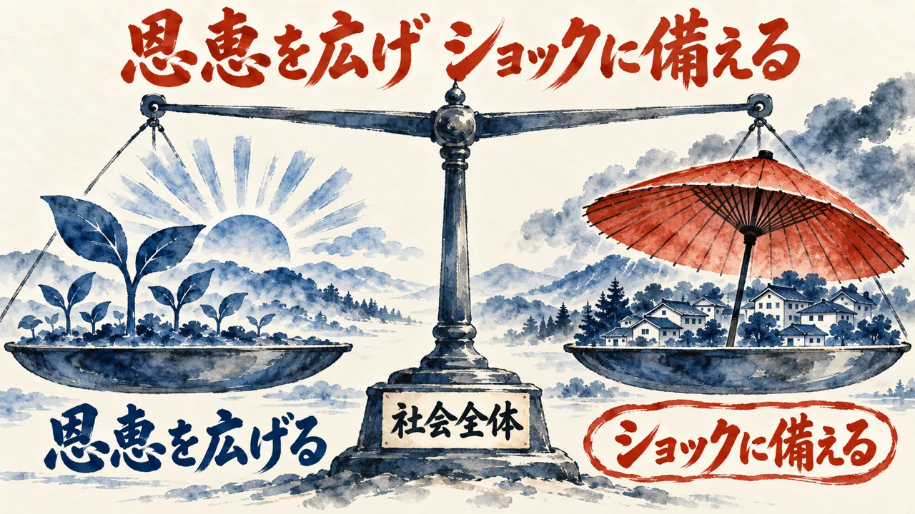 天秤の左の皿に若葉と朝日の恩恵を広げる、右の皿に町を覆う和傘のショックに備えるを載せ、台座に社会全体と書いた図解