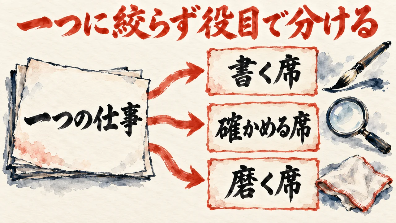 一つの仕事を、書く席・確かめる席・磨く席の三つに分ける様子を、筆と虫めがねと磨き布で描いた水彩の図解