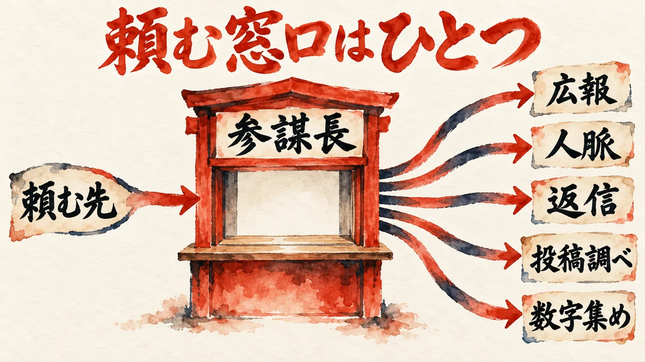 中央の朱色の窓口、参謀長に頼む先の道がつながり、窓口から広報・人脈・返信・投稿調べ・数字集めの五枚の札へ道が広がる図解