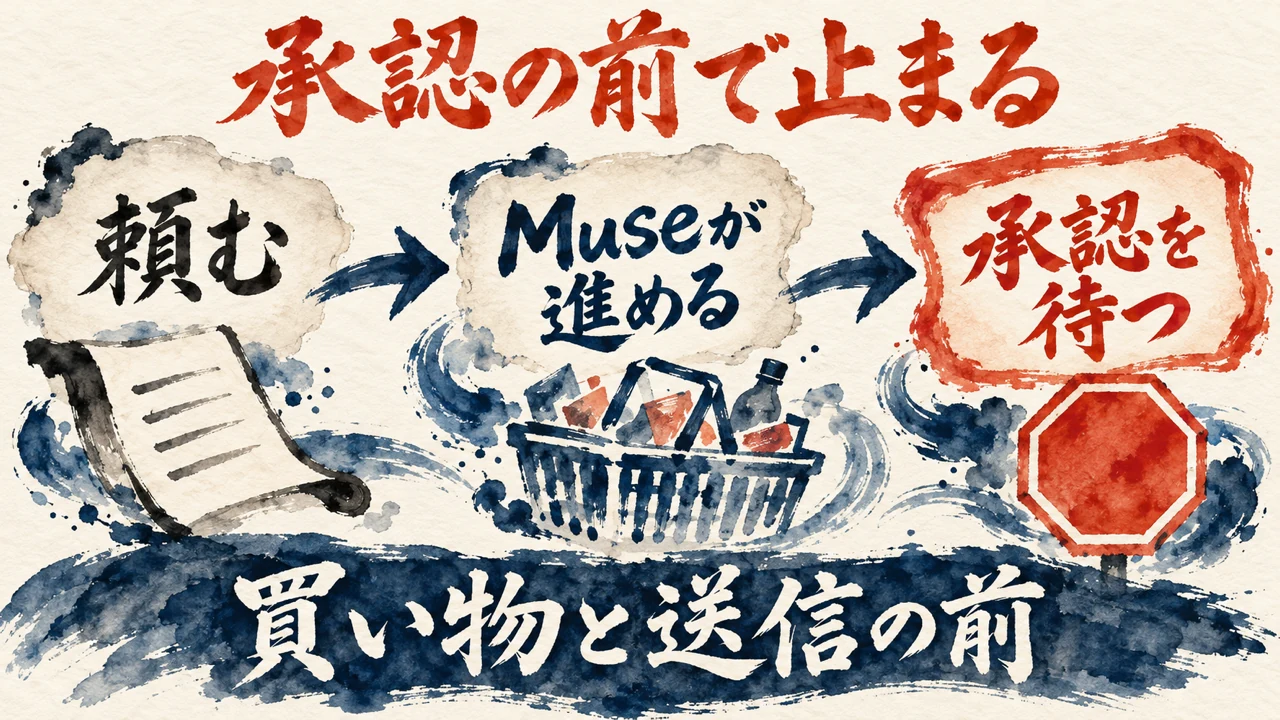 図解。頼む、Museが進める、買い物と送信の前で承認を待つ、の三つの札が並ぶ