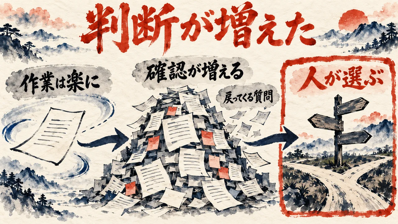 軽くなった作業の札から、確認が積み上がる山を通り、人が選ぶ分かれ道の道標へ進む三枚の札を矢印でつないだ図解