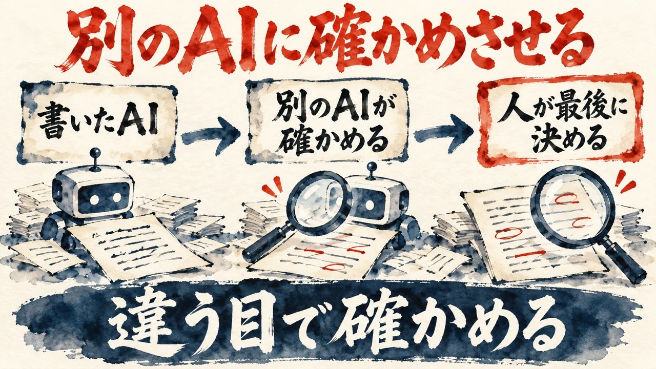 図解。書いたAI、確かめるAI、人の三つの札が並び、別のAIに確かめさせると示す