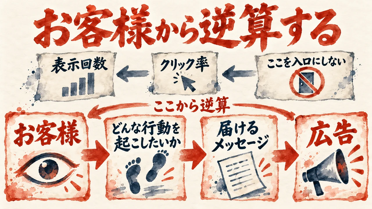 表示回数やクリック率を入口にせず、お客様から、起こしたい行動、届けるメッセージ、広告の順に逆算して進む流れを描いた図解