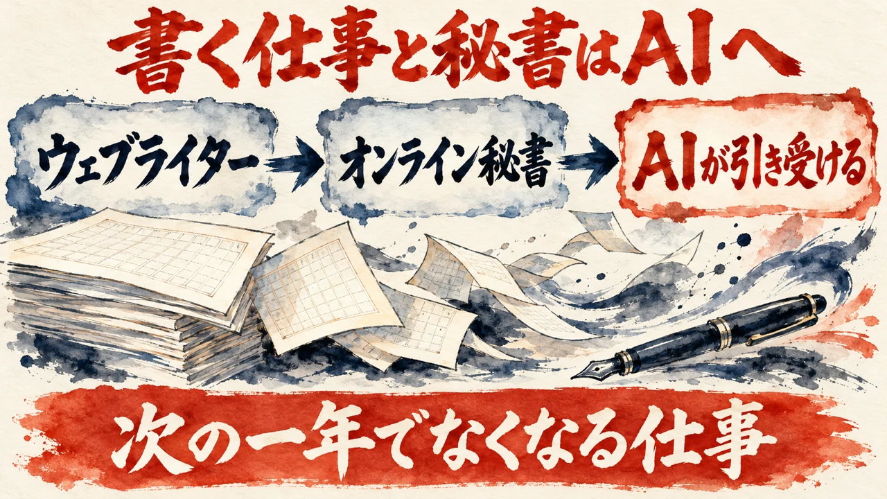 図解。ウェブライター、オンライン秘書、AIが引き受ける、の三つの札が矢印でつながり、下の帯に次の一年でなくなる仕事と書かれている