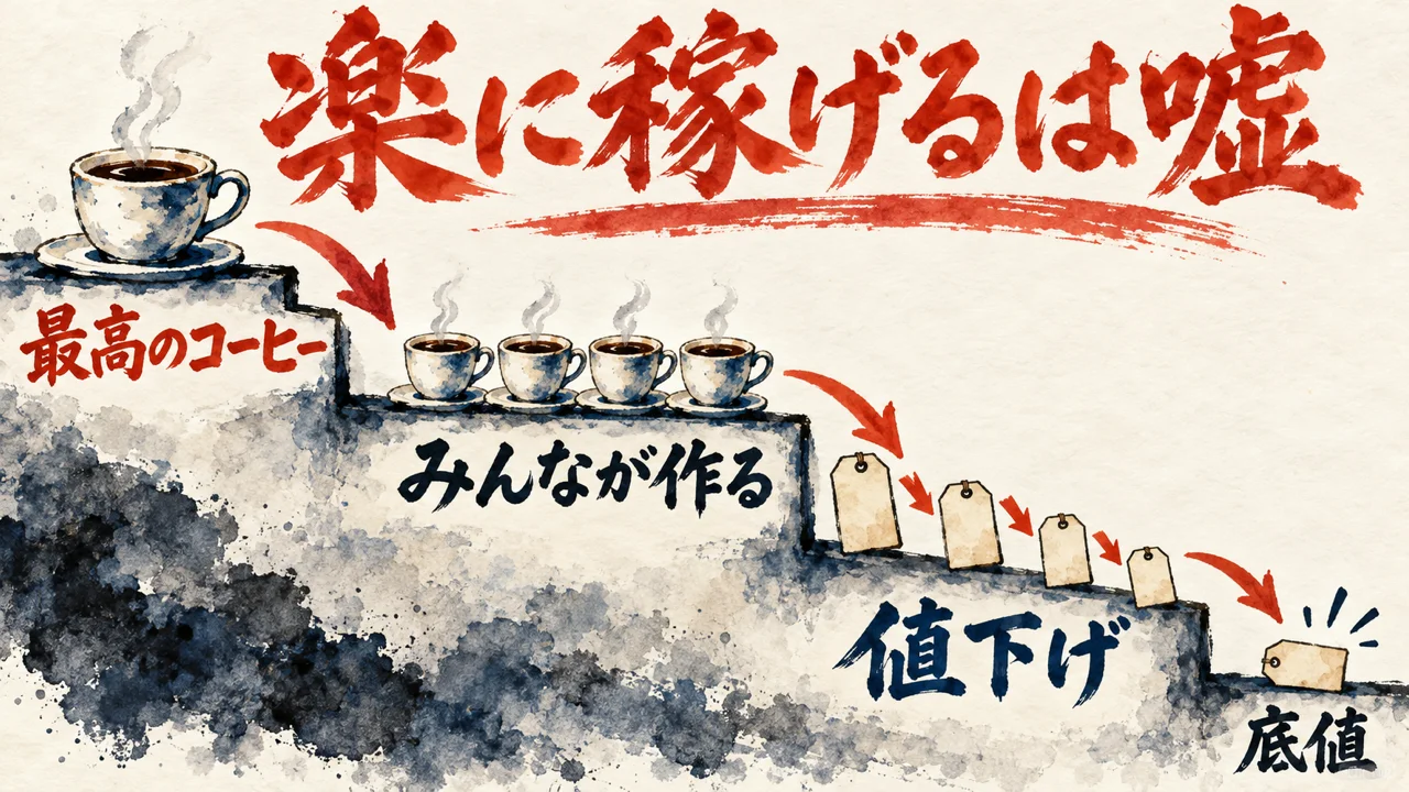 最高のコーヒーから、みんなが作る、値下げ、底値へと四段の階段を下っていく図解