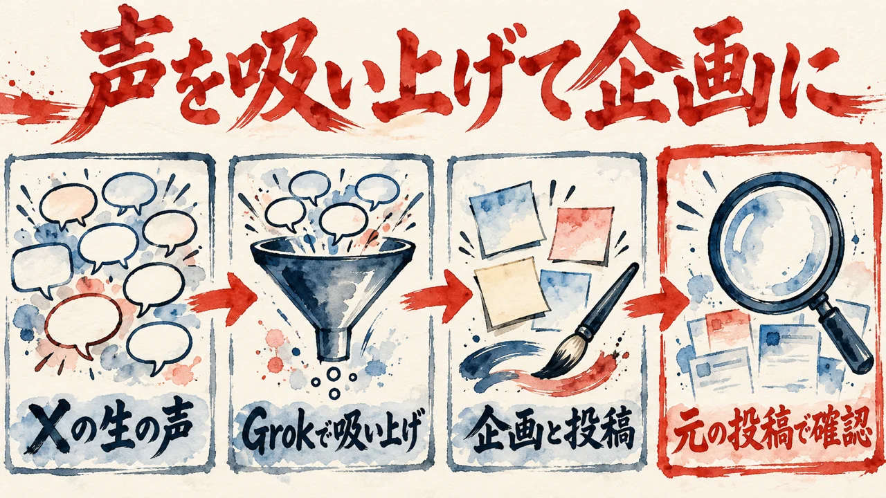 Xの生の声をGrokで吸い上げ、企画と投稿に使い、元の投稿で確認する四枚の札が矢印でつながる図解
