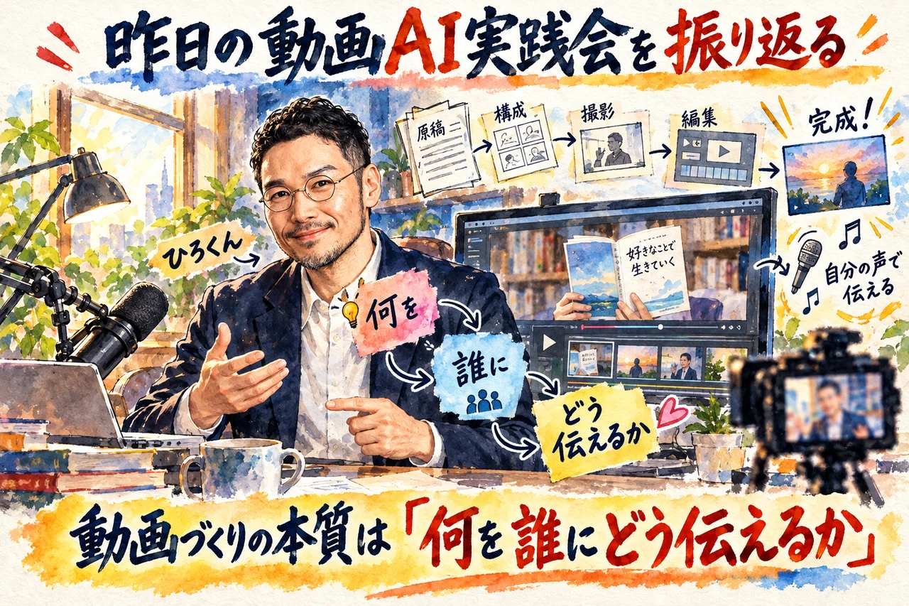 昨日の動画AI実践会の振り返り｜動画づくりの本質は「何を誰にどう伝えるか」とひろくんが話す場面の図