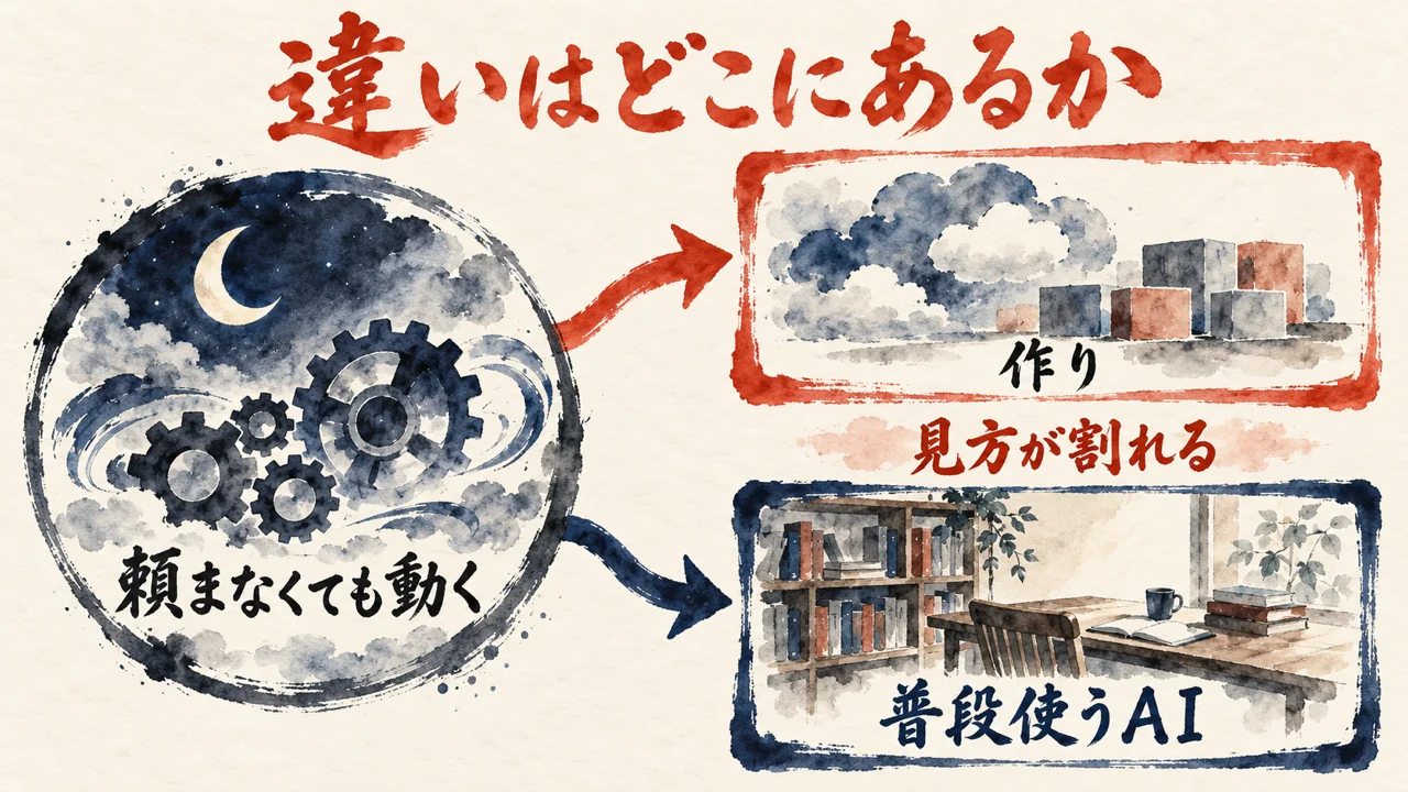 頼まなくても動く、の円から、作り、と、普段使うAI、の二つの札へ矢印が分かれる図解