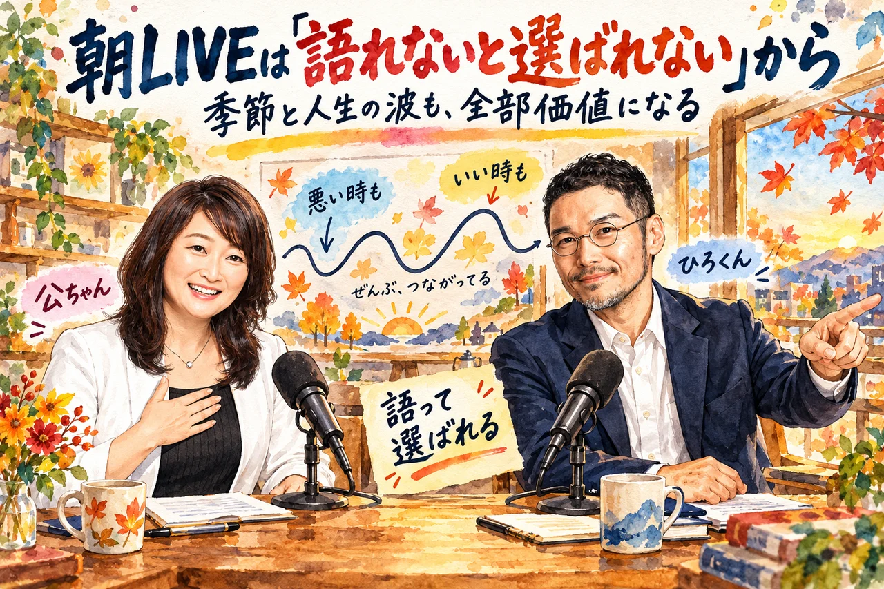 朝LIVEは「語れないと選ばれない」から｜公ちゃんが自己紹介し、ひろくんが人生の波も全部価値になると話した場面の図