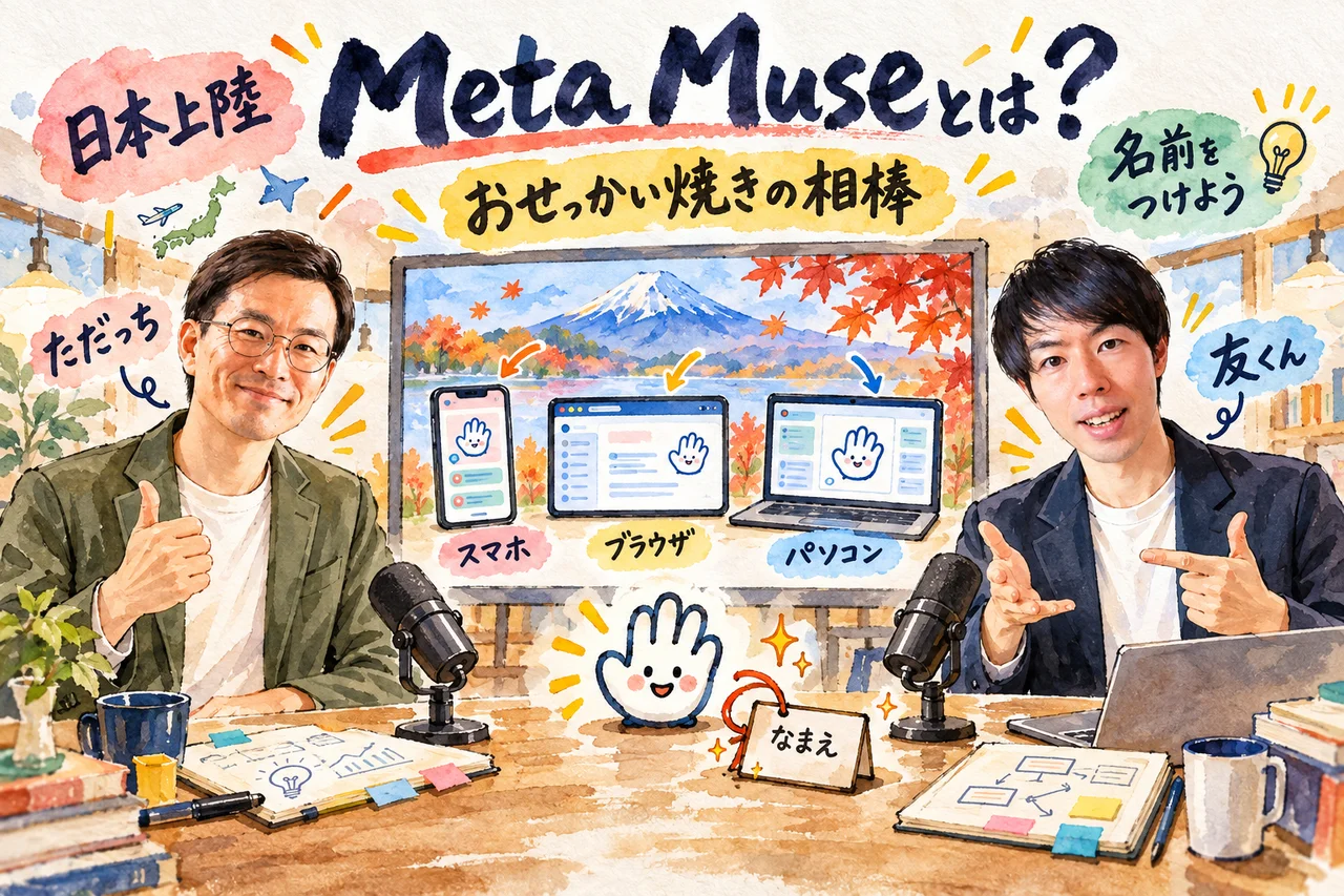 Meta Museとは｜日本上陸したばかりのAIエージェントを、ただっちが「おせっかい焼きの相棒」と呼び、友くんが使える場所を紹介する場面