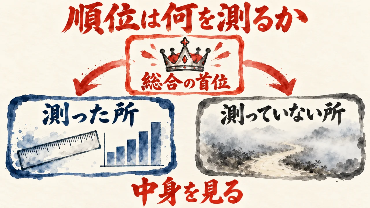 総合の首位の札から、測った所、と、測っていない所、の二つの札へ矢印が分かれる図解