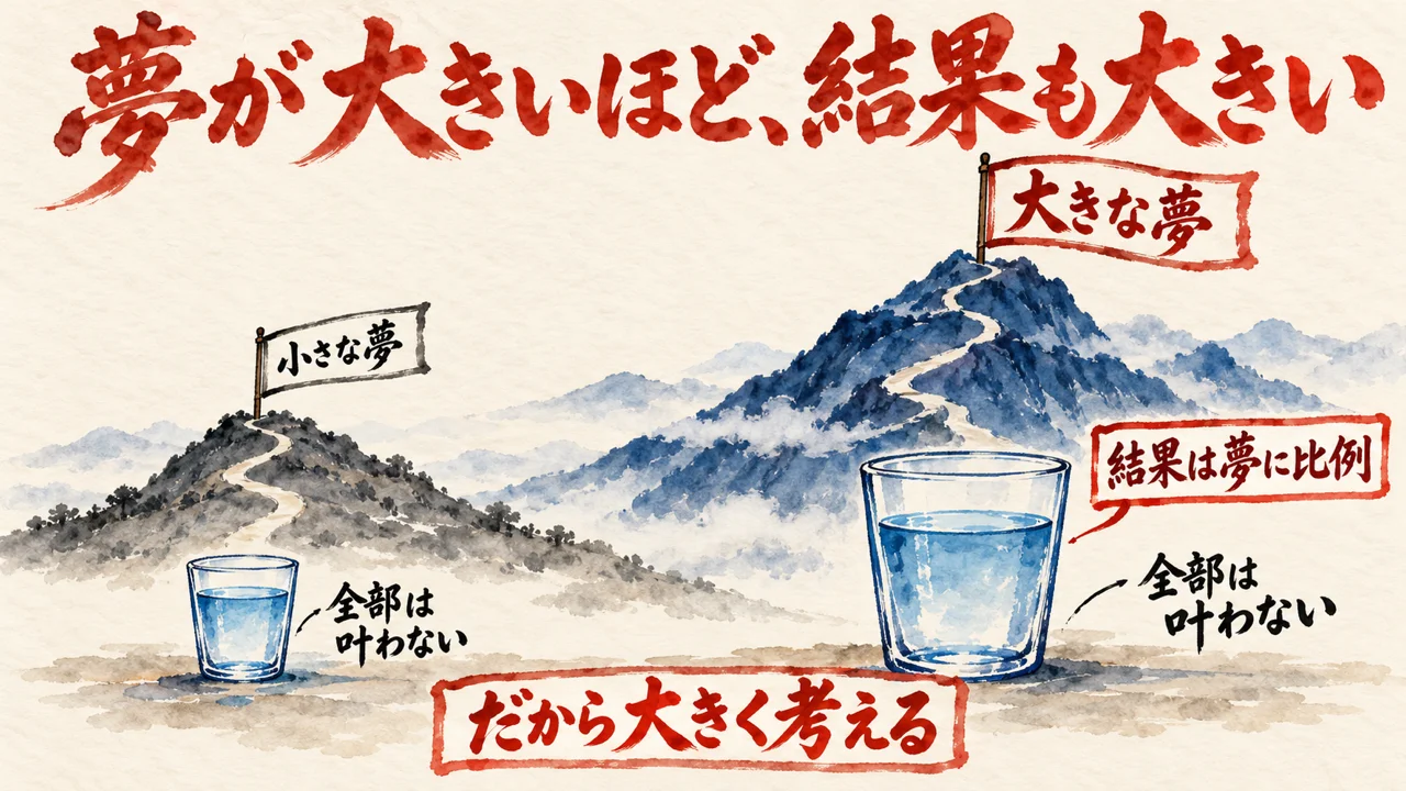 小さな夢の丘と大きな夢の山が、どちらも満杯の手前の水のコップと並び、結果は夢に比例すると示した図解
