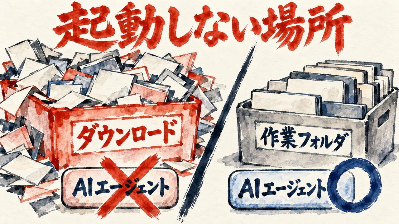 ダウンロードの箱でAIエージェントの起動に×を付け、作業フォルダの箱では起動に丸を付けて左右に並べた図解