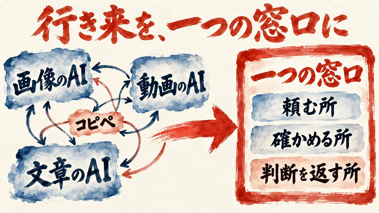 画像のAI、動画のAI、文章のAIの間をコピペの矢印が行き来する左側から、右の一つの窓口へ大きな矢印。窓口の中に頼む所、確かめる所、判断を返す所の3段が並ぶ図解