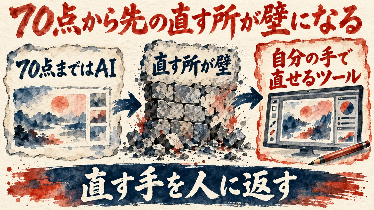 図解。70点まではAI、直す所が壁、自分の手で直せるツール、の三つの札が矢印で並び、編集画面、石の壁、鉛筆の水彩画が描かれ、下の帯に直す手を人に返すの文字。見出しは70点から先の直す所が壁になる