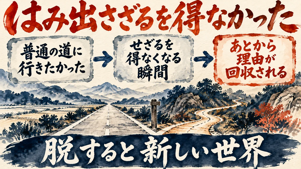 図解。普通の道に行きたかった、せざるを得なくなる瞬間、あとから理由が回収される、の三つの札が矢印で並び、まっすぐな道と外れて続く小道の水彩画が添えられている。見出しは、はみ出さざるを得なかった