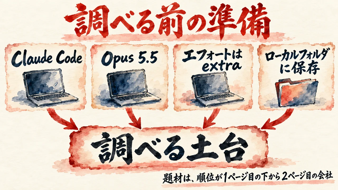 調べる前の準備の図解。Claude Code、Opus 5.5、エフォートはextra、ローカルフォルダに保存の4つが同じ高さで並ぶ