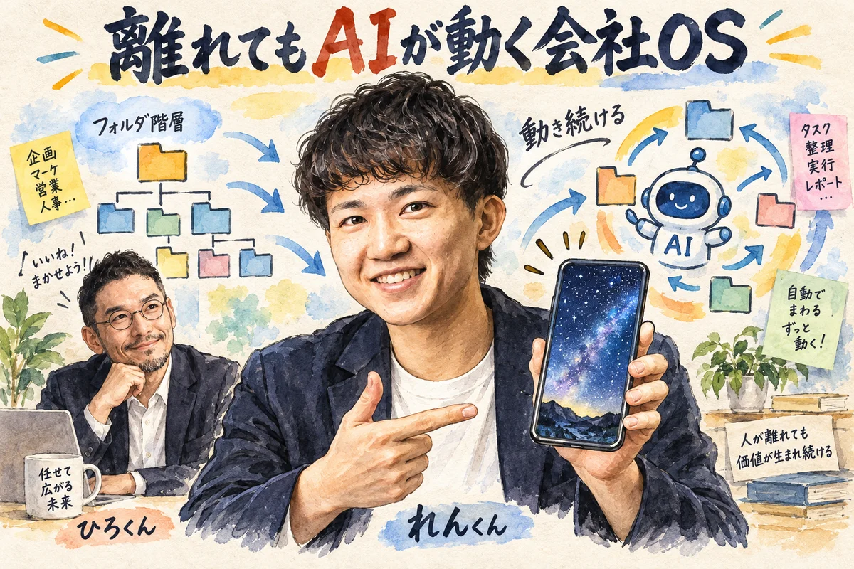 星空の下でスマホを持ち、自分が離れてもAIが動く会社OSを描いたグラレコ