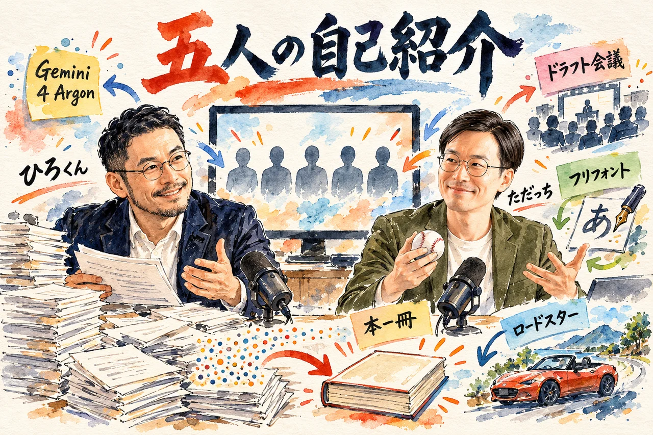 5人の自己紹介｜ひろくんがGemini 4 Argonで本1冊を書かせ、ただっちがドラフト会議の話をする場面