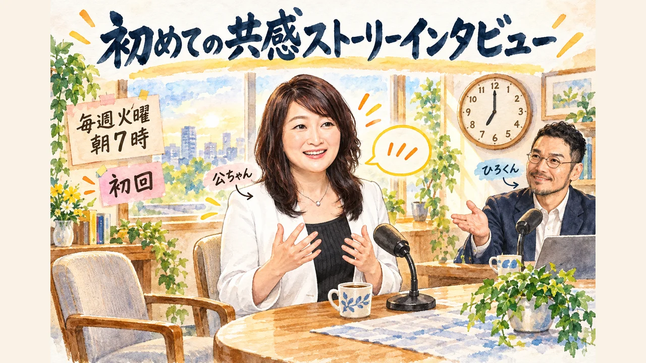 毎週火曜朝7時の初回に、公ちゃんが初めて共感ストーリーインタビューを受ける場面を、ひろくんが見守るグラレコ