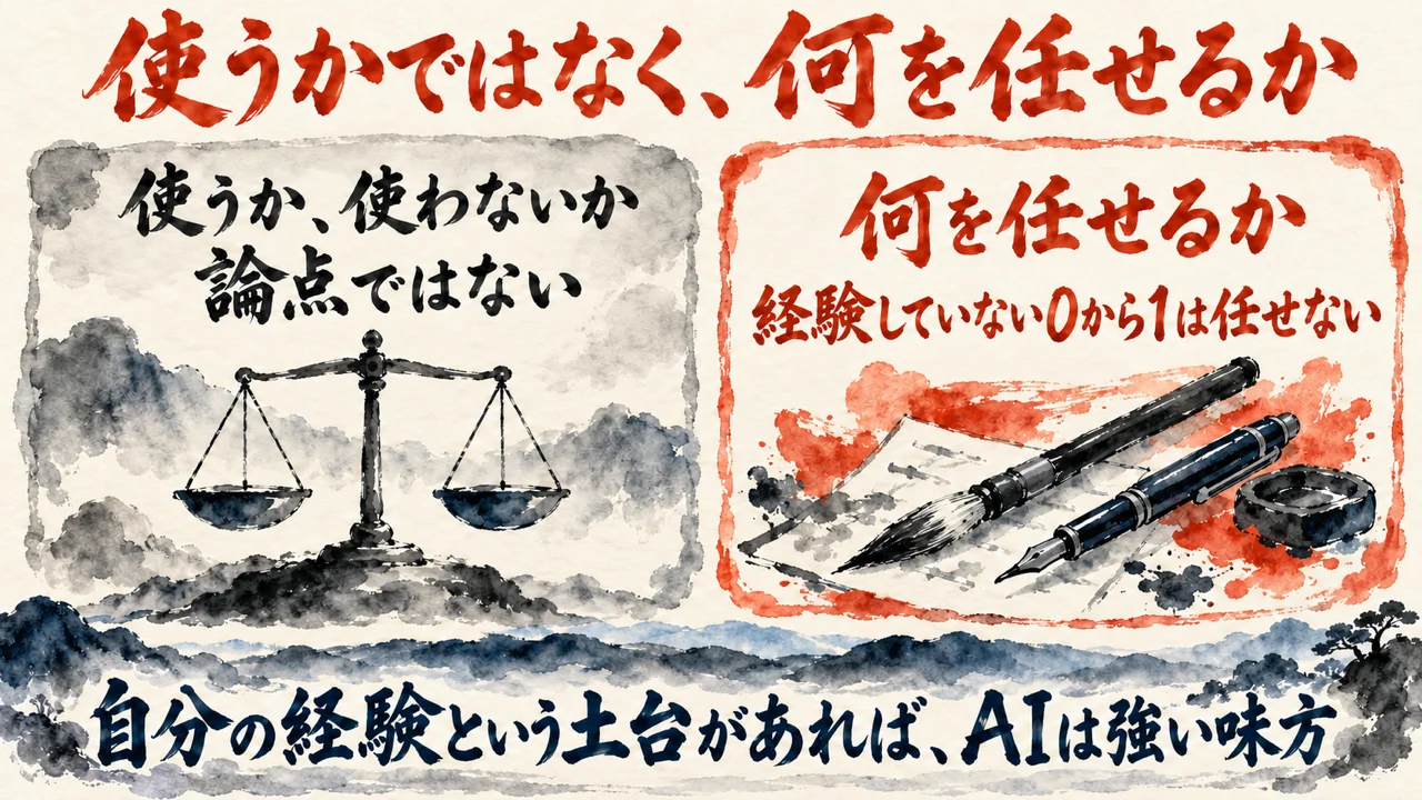 論点はAIを使うかどうかではなく、何を任せるか。経験していないことの0から1は任せない、と左右に描いた水彩の図解