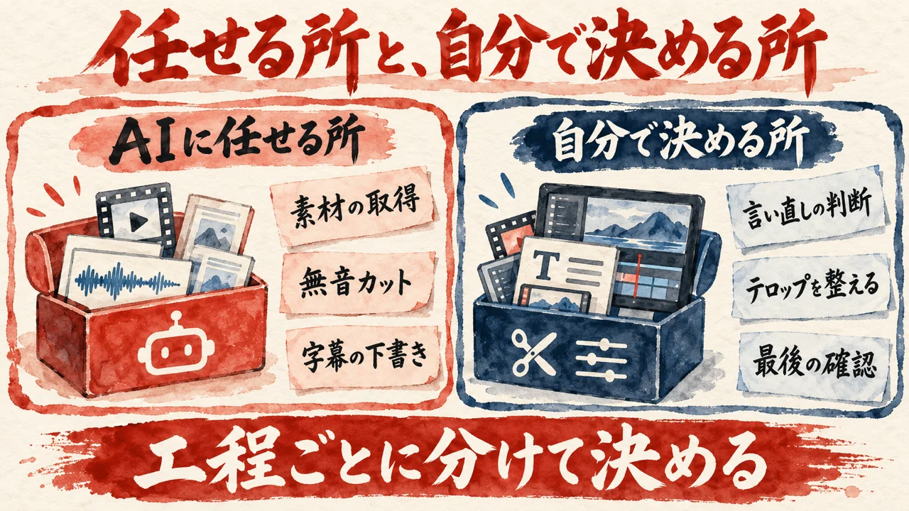 案件の流れを工程に分ける図解。左に、AIに任せる所、右に、自分でやる所を並べ、下に、工程ごとに分けて決める、と添えている