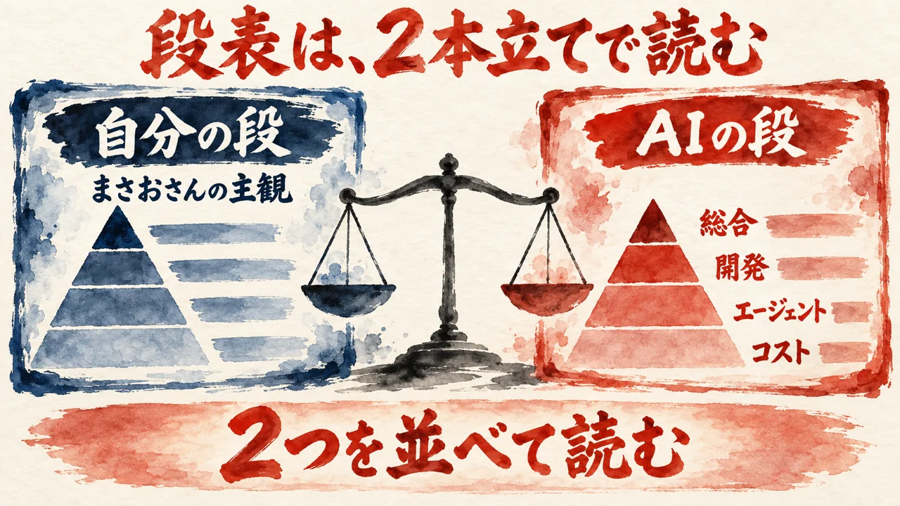 自分の段とAIの段の2本立ての図解。左に、まさおさんの主観の段、右に、AIの軸ごとの段を並べ、下に、2つを並べて読む、と添えている