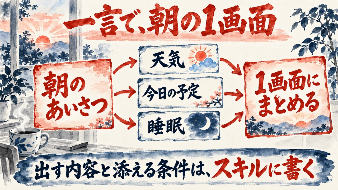 朝の一言から1画面が出るまでの流れの図解。朝のあいさつの一言で、天気、今日の予定、睡眠が1画面に並び、出す内容と添える条件はスキルの中に日本語で書いてある、と左から右へ並べている