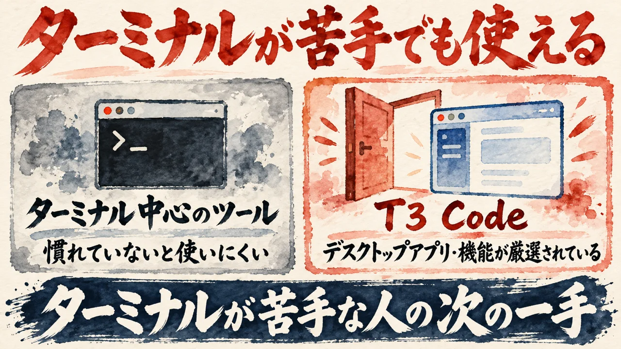 T3 Codeとは何かの図解。左にターミナル中心のツールで、慣れていないと使いにくい、右に朱色の枠でT3 Code、デスクトップアプリで機能が厳選されていて見た目はCodexのアプリに近い、と並べ、下にターミナルが苦手な人の次の一手、と添えている