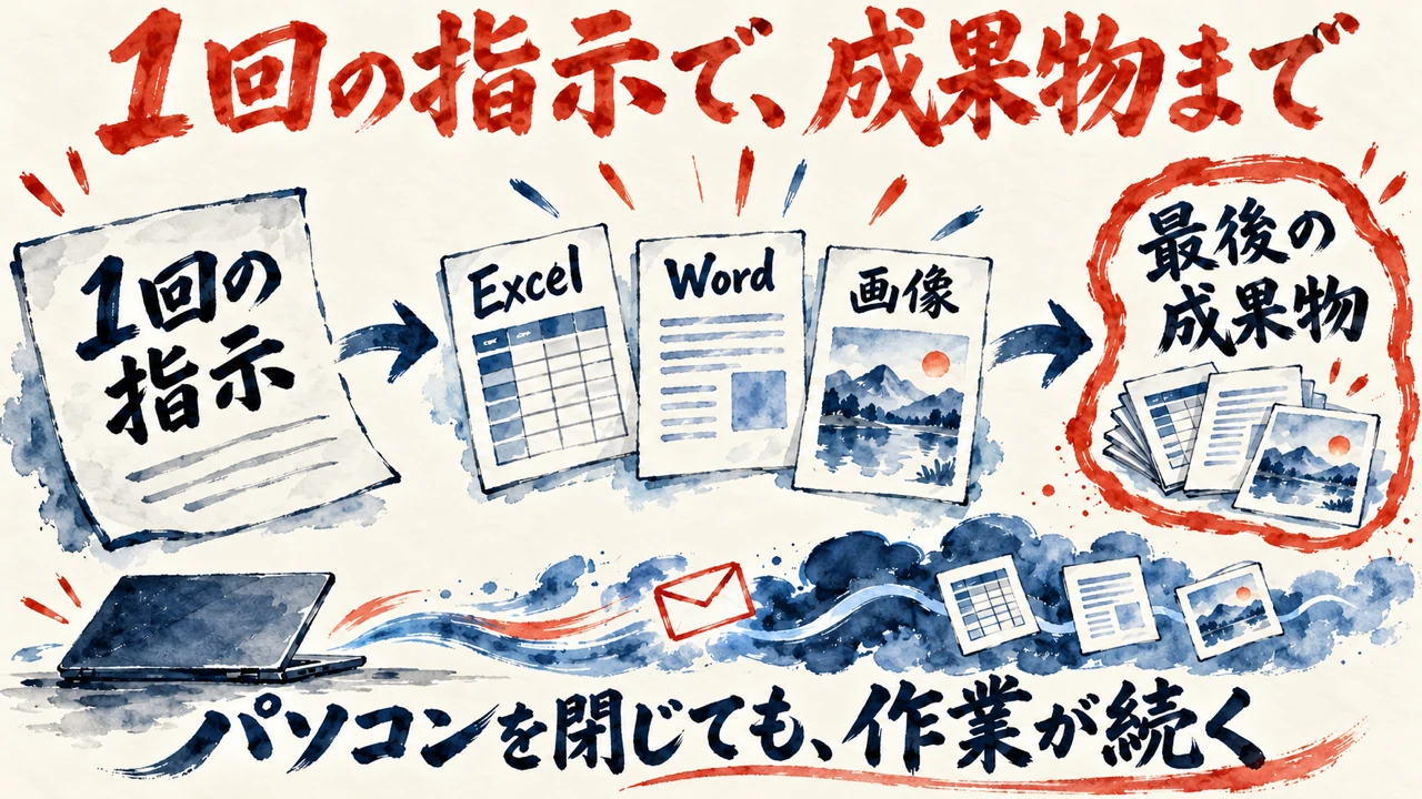 Gemini Sparkの流れの図解。左に1回の指示、中央にExcelとWordと画像、右に最後の成果物と並べ、下にパソコンを閉じても作業が続くと添えている