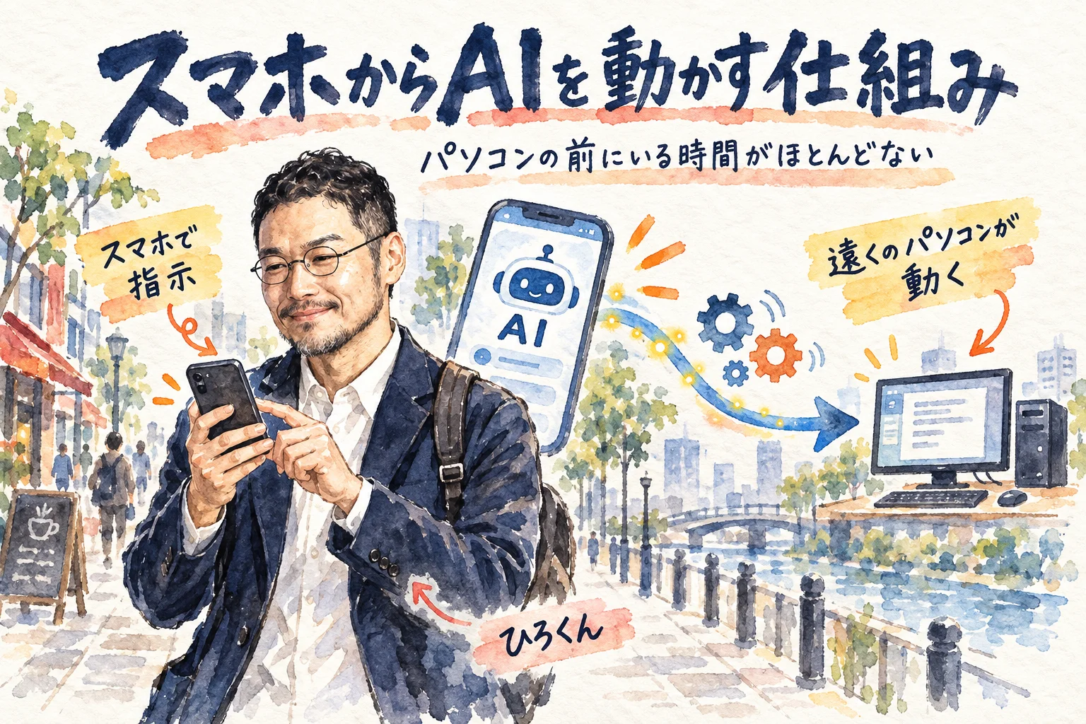 ひろくんが街を歩きながらスマホで指示を出し、遠くのパソコンが動く仕組みを描いたグラレコ