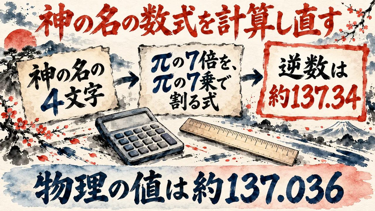神の名の数式を計算し直す図解。左の札に、神の名の4文字、中央の札に、πの7倍を、πの7乗で割る式、右の朱色の枠に、逆数は約137.34、と並べ、下の帯に、物理の値は約137.036、と添え、電卓と定規と筆の絵を描いている