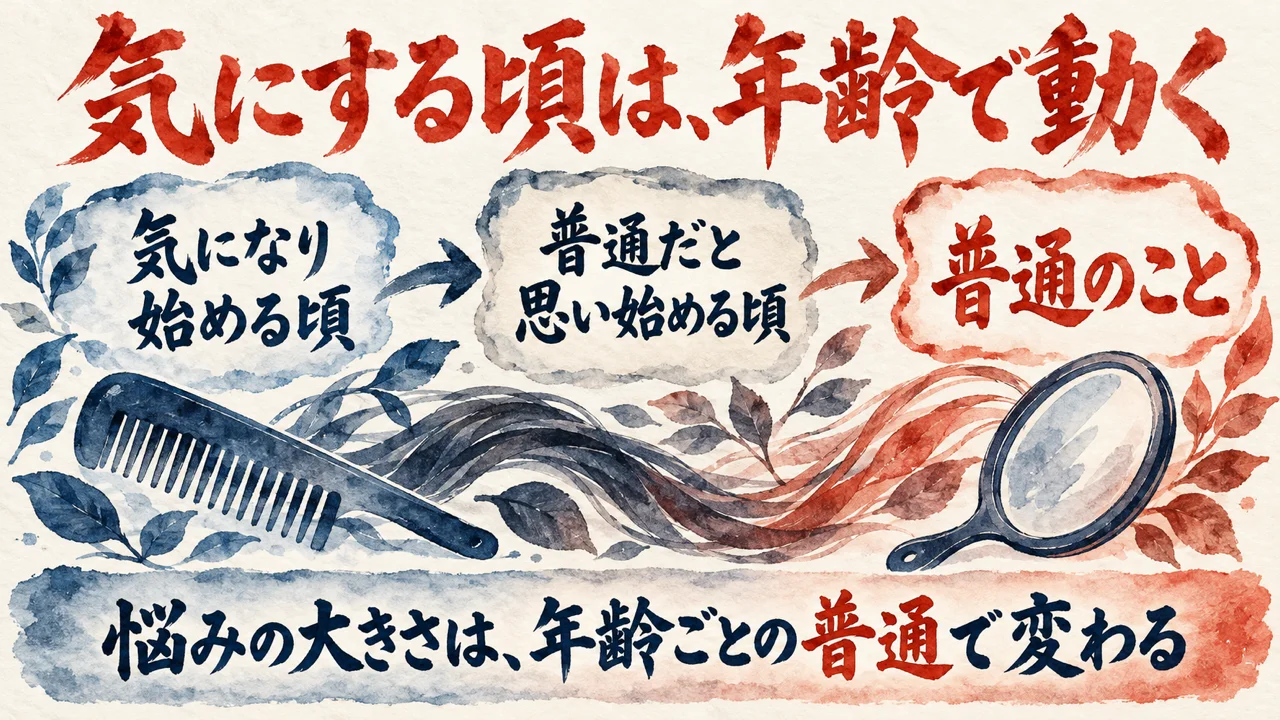髪の悩みは年齢ごとの普通で変わる、という図解。左に気になり始める頃、中央に普通だと思い始める頃、右に普通のこと、と矢印で並べている