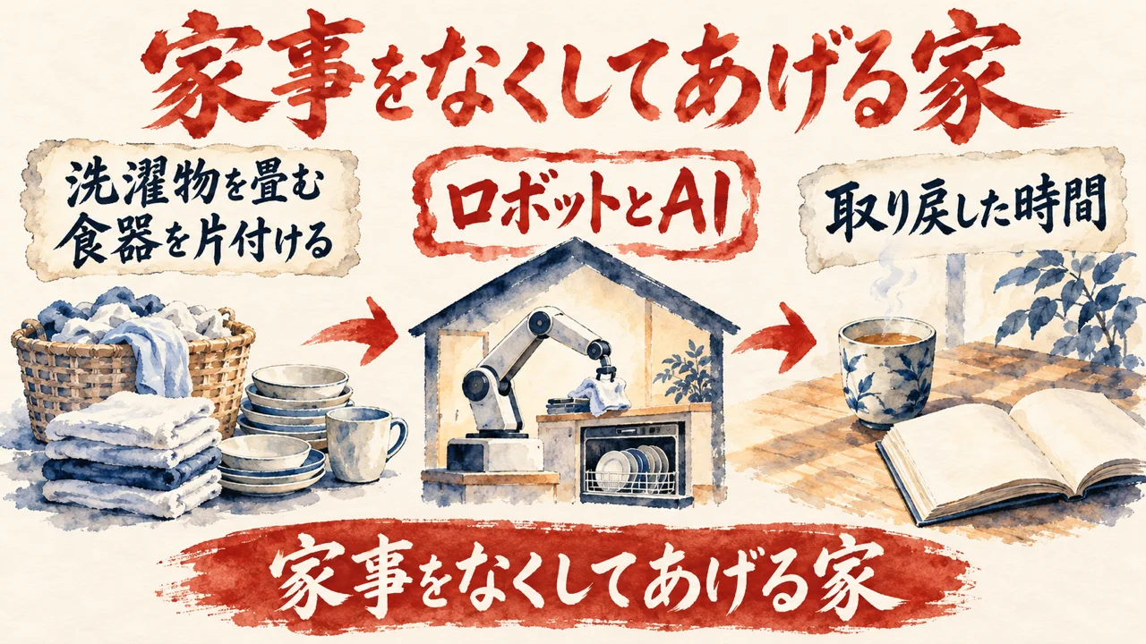 家事をなくしてあげる家という出発点の図解。左に洗濯物を畳む・食器を片付けるという家事、中央に天井を走るロボットとAI、右に取り戻した時間、と矢印で並べている