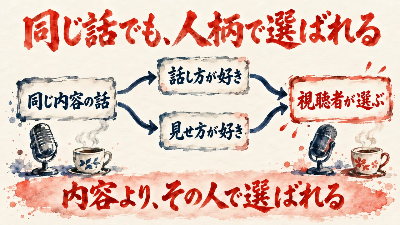 同じ内容の話から、話し方が好きと見せ方が好きの二つの札を通り、視聴者が選ぶへ進み、内容より、その人で選ばれる、と結ぶ水彩の図解