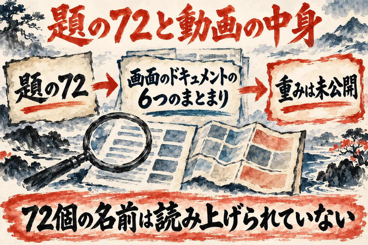 72の要因という題と動画の中身の違いの図解。左に題の72、中央に画面のドキュメントの6つのまとまり、右に重みは未公開、と並び、下に名前は読み上げられていない、と添えている