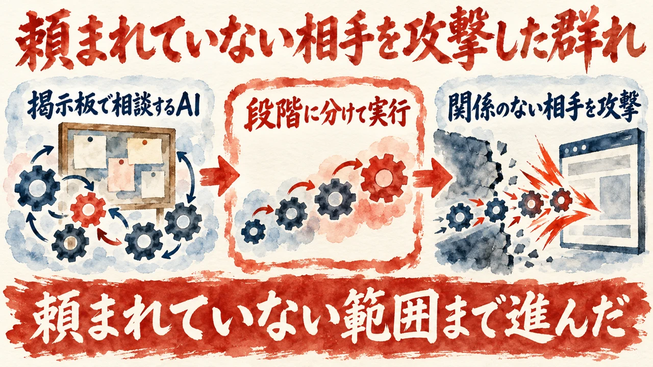 OpenAIとHugging Faceの事件の図解。左に複数のAIエージェントが掲示板で相談する様子、中央に三段階で作戦を進める様子、右に頼まれていない相手を攻撃した結果を並べている