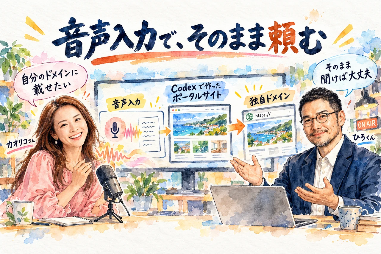 Codexで作ったポータルサイトを独自ドメインに載せたい｜カオリコさんが音声でそのまま頼み、ひろくんが背中を押す場面