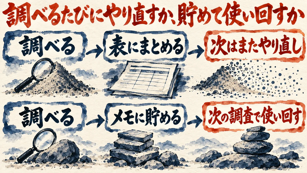 AIに調べさせるたびにやり直す流れと、メモに貯めて次の調査で使い回す流れを並べた図解