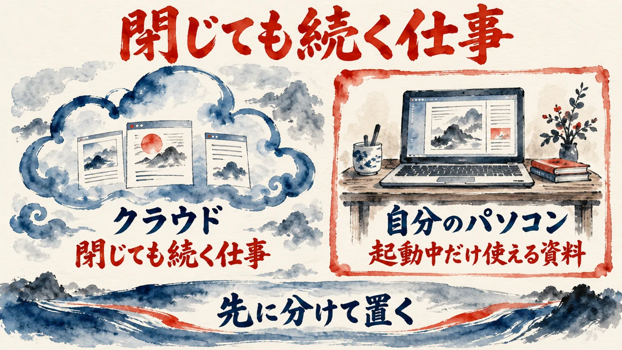 dotsの基本の図解。左は雲の中に画面が並ぶ絵でクラウドの閉じても続く仕事、右は朱色の枠で机のノートPCの絵と自分のパソコンの起動中だけ使える資料。下の帯に先に分けて置く、と書かれている