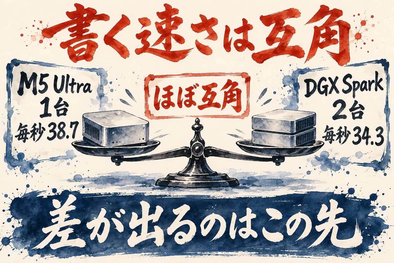 書く速さの比較の図解。左にM5 Ultra 1台の38.7、右にDGX Spark 2台の34.3、と並び、真ん中に互角、下にこの先で差が出る、と添えている