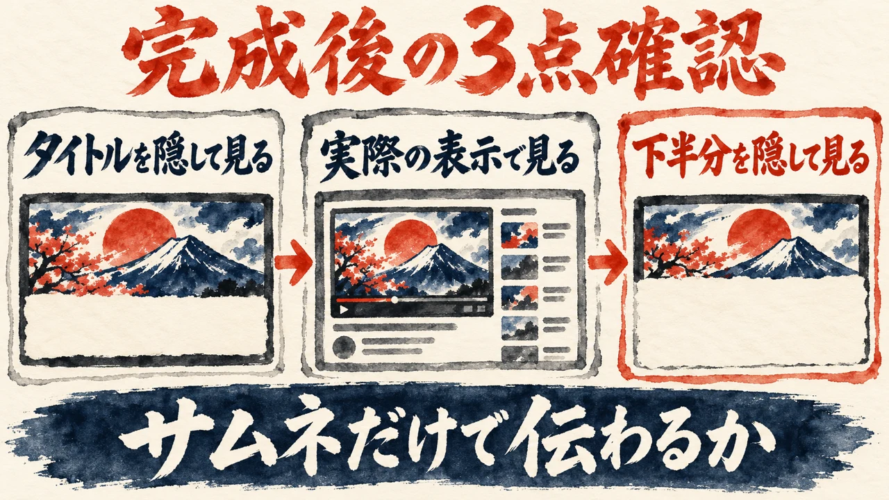完成後の3点確認の図解。タイトルを隠して見る、実際の表示で見る、下半分を隠して見る、の3枚の札が矢印でつながり、下の帯にサムネだけで伝わるかと書かれている。