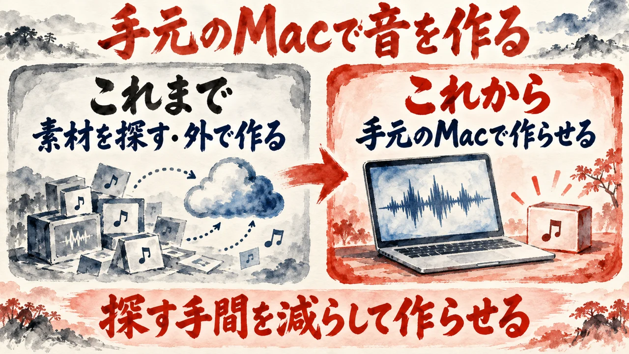 Audio Studio MCPとは何かの図解。左に素材集やクラウドの生成で音を用意するこれまでの形、右に朱色の枠で手元のMacの中で効果音とBGMを作るこれからの形、と並べ、下に探す手間を減らして作らせる、と添えている