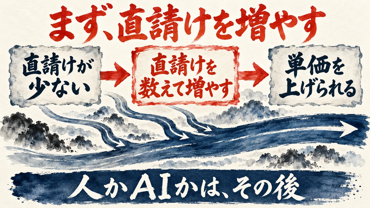 図解。直請けが少ない、直請けを数えて増やす、単価を上げられる、と進む流れ。下の帯に、人かAIかは、その後、と書かれている
