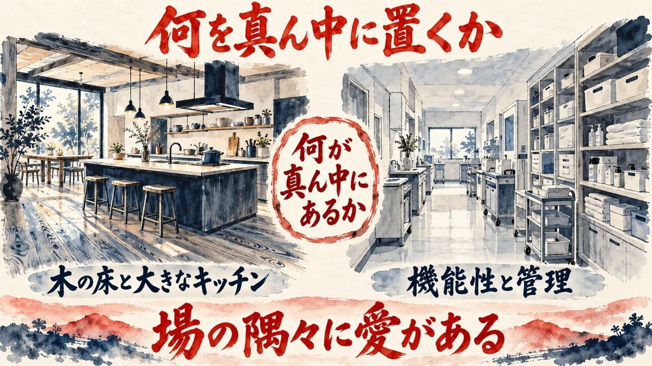 介護施設の違いの図解。左のカードに木の床と大きなキッチン、右のカードに機能性と管理を置き、間の朱色の札に何が真ん中にあるか、と書かれている。下の帯に場の隅々に愛がある、と書かれている