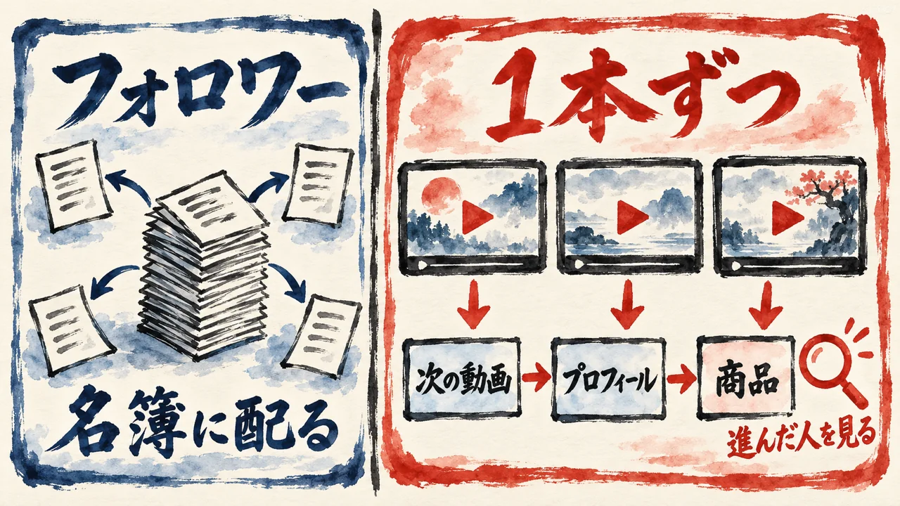 左はフォロワーという名簿に配る昔、右は1本ずつの動画から次の動画、プロフィール、商品へ進んだ人を見る今、を対比した図解