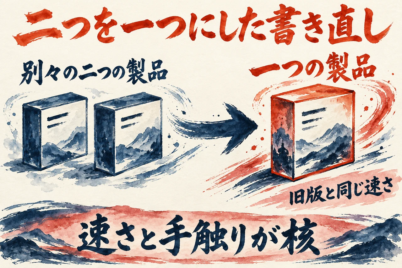 全面書き直しの図解。左に別々の二つの製品、右に一つの製品と旧版と同じ速さの札、下に速さと手触りが核、と並んでいる